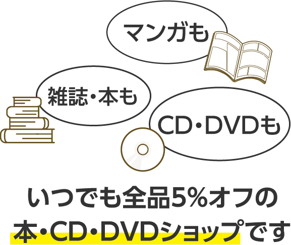 マンガも 雑誌・本も CD・DVDも いつでも全品5％オフの本・CD・DVDショップです
