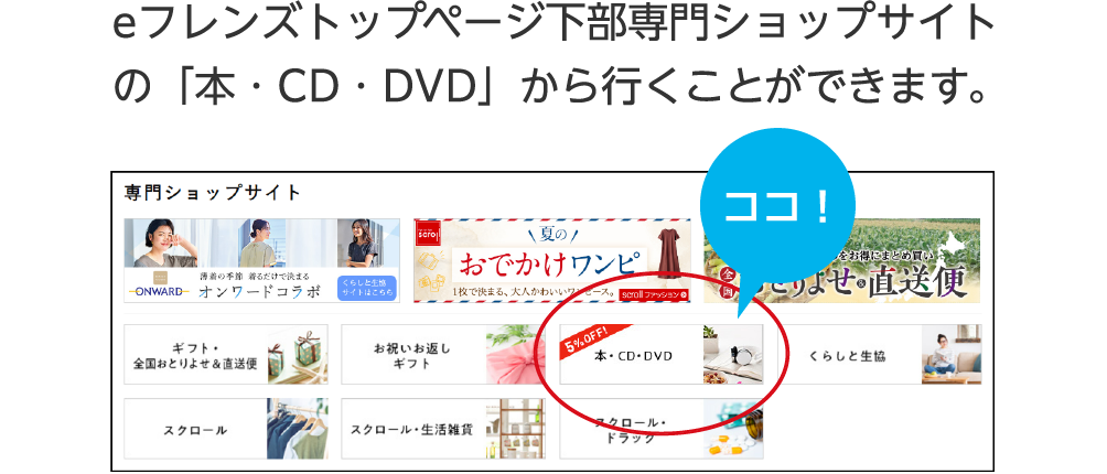 eフレンズトップページ下部専門ショップサイトの「本・CD・DVD」から行くことができます。