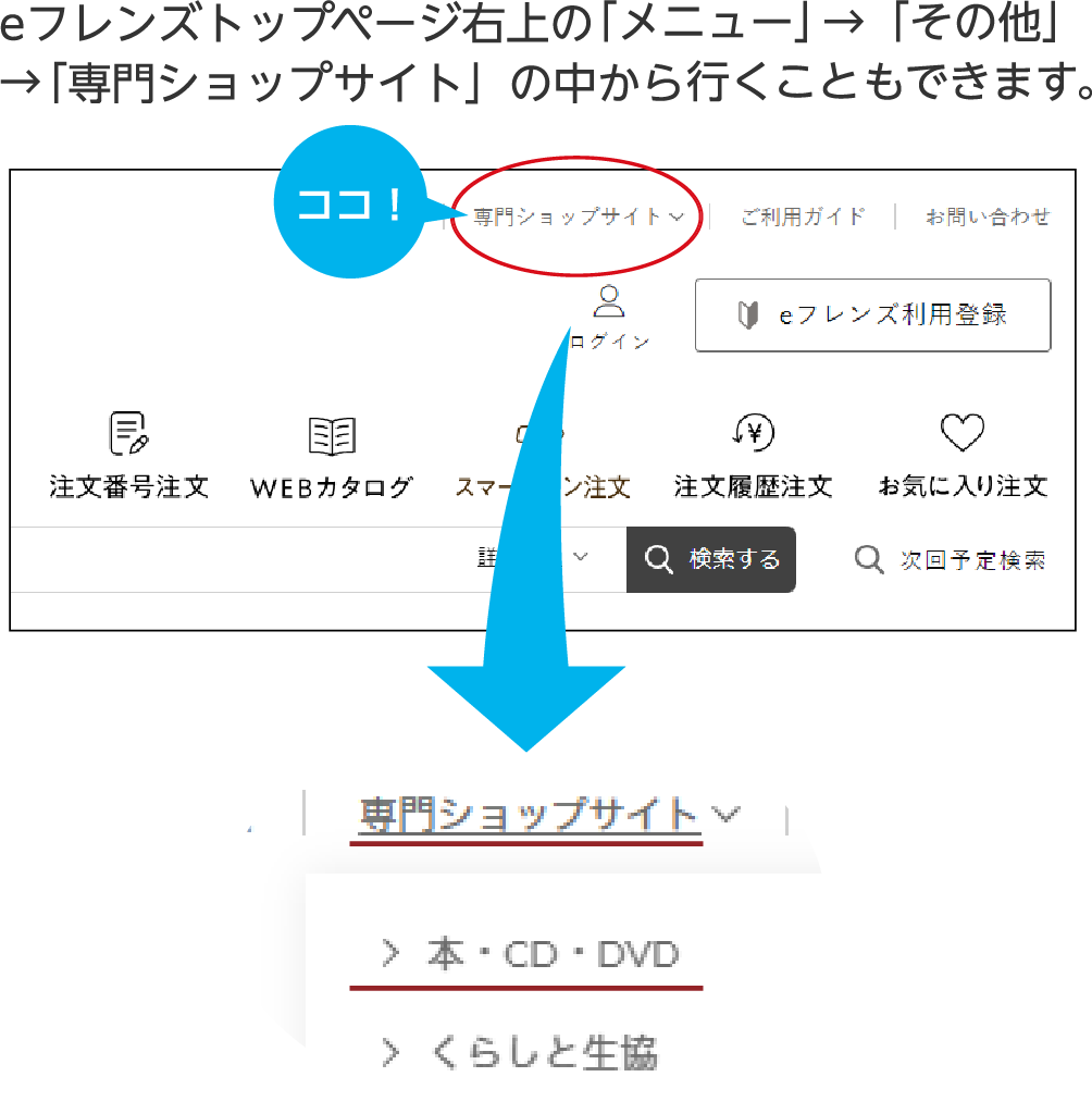 eフレンズトップページ右上の「メニュー」→「その他」→「専門ショップサイト」の中から行くこともできます。