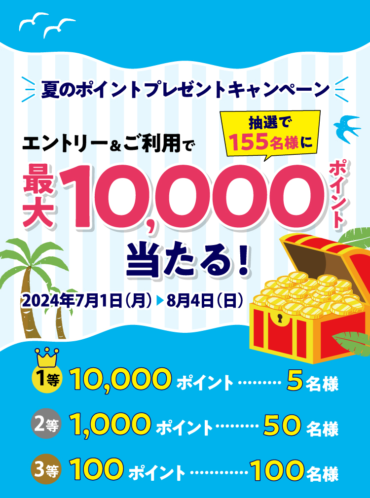 夏のポイントプレゼントキャンペーン エントリー＆ご利用で最大 10,000 ポイント 抽選で155名様に 当たる! 2024年7月1日（月）▶8月4日（日）1等 10,000 ポイント ……… 5名様 2等 1,000 ポイント ……… 50名様 3等 100 ポイント ………… 100名様