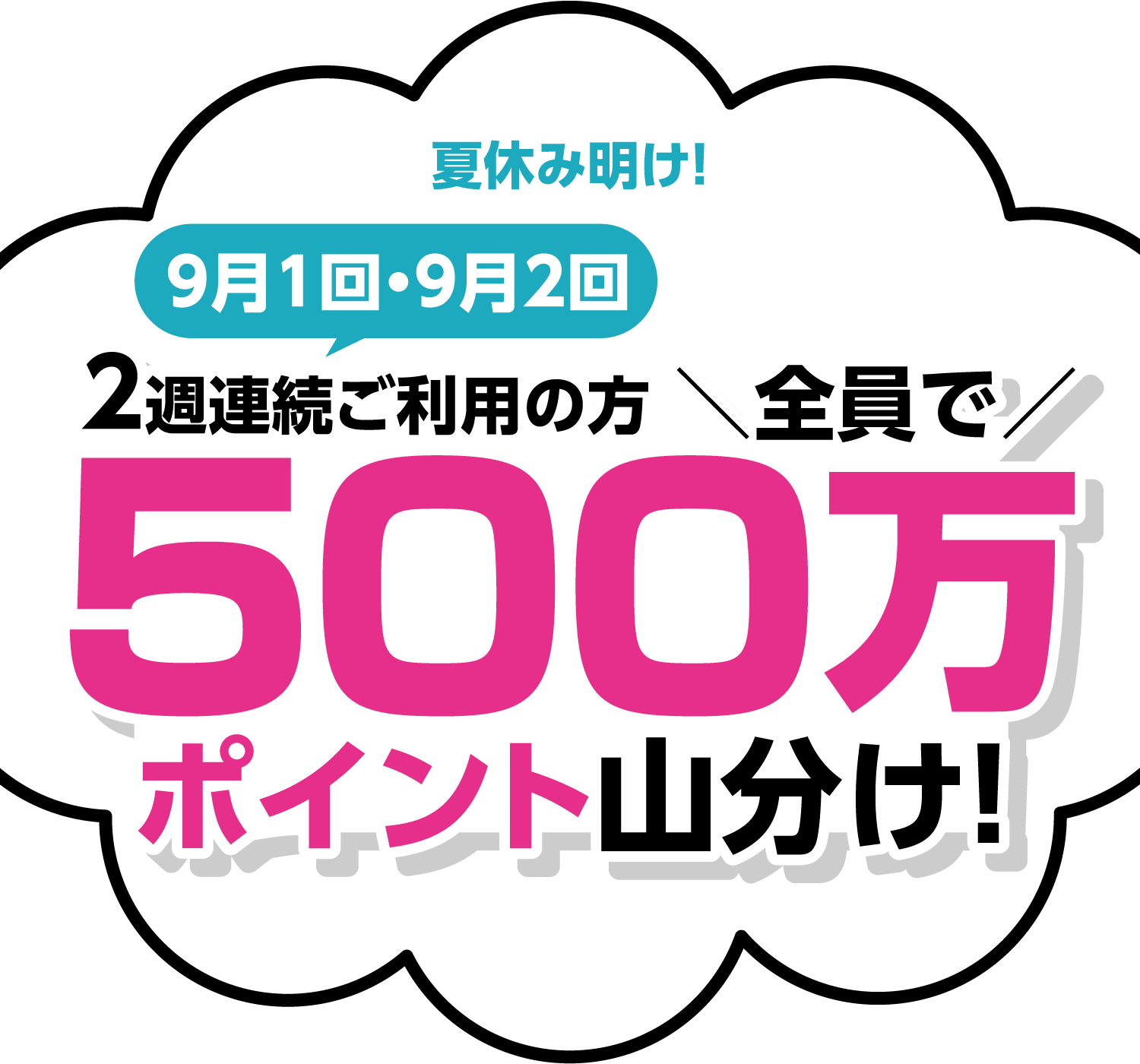 夏休み明け!9月1回・9月2回2週連続ご利用の方全員で　500万ポイント山分け!