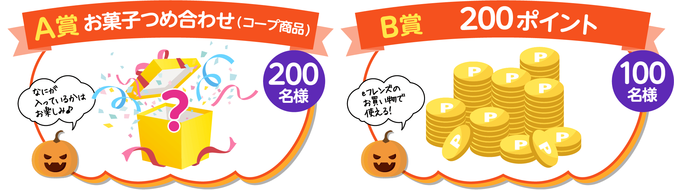 A賞お菓子つめ合わせ(コープ商品) なにが入っているかはお楽しみ♪ 200名様 B賞200ポイント eフレンズのお買い物で使える！ 100名様