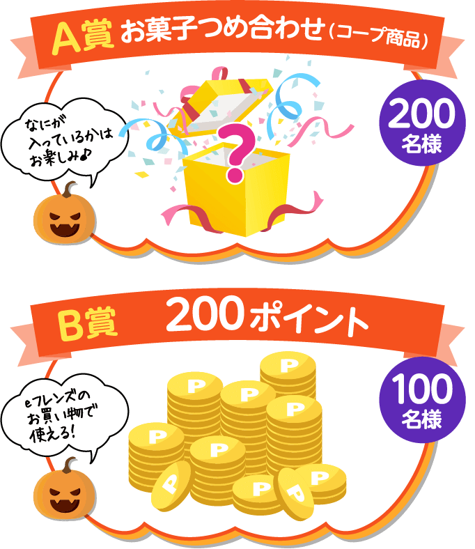 A賞お菓子つめ合わせ(コープ商品) なにが入っているかはお楽しみ♪ 200名様 B賞200ポイント eフレンズのお買い物で使える！ 100名様