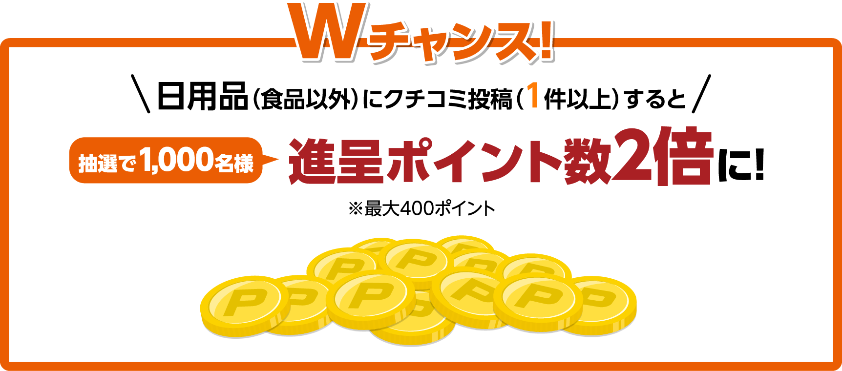 Wチャンス！ 日用品（食品以外）にクチコミ投稿（１件以上）すると 抽選で1,000名様 進呈ポイント数２倍に！ ※最大400ポイント