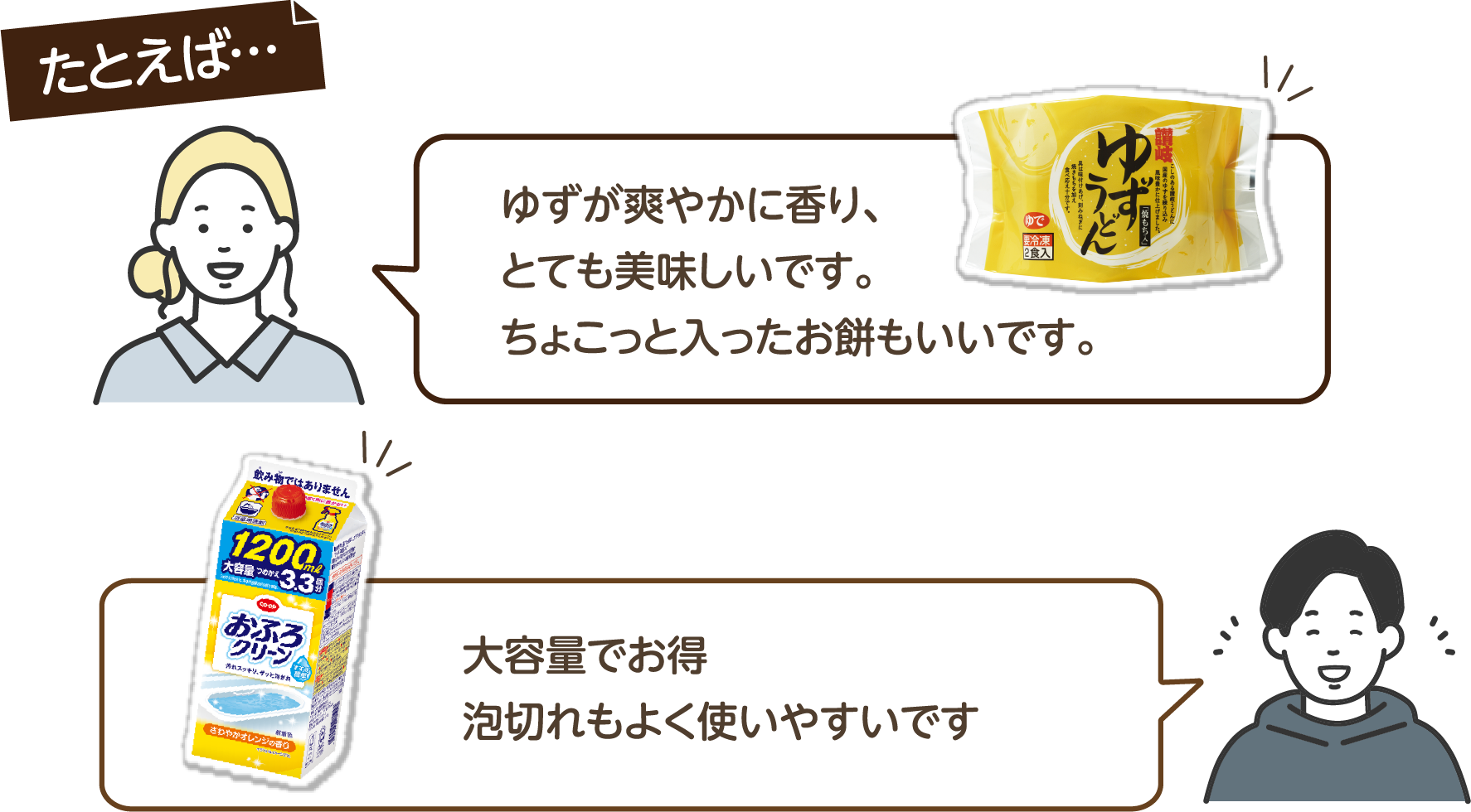 たとえば… ゆずが爽やかに香り、とても美味しいです。ちょこっと入ったお餅もいいです。 大容量でお得泡切れもよく使いやすいです