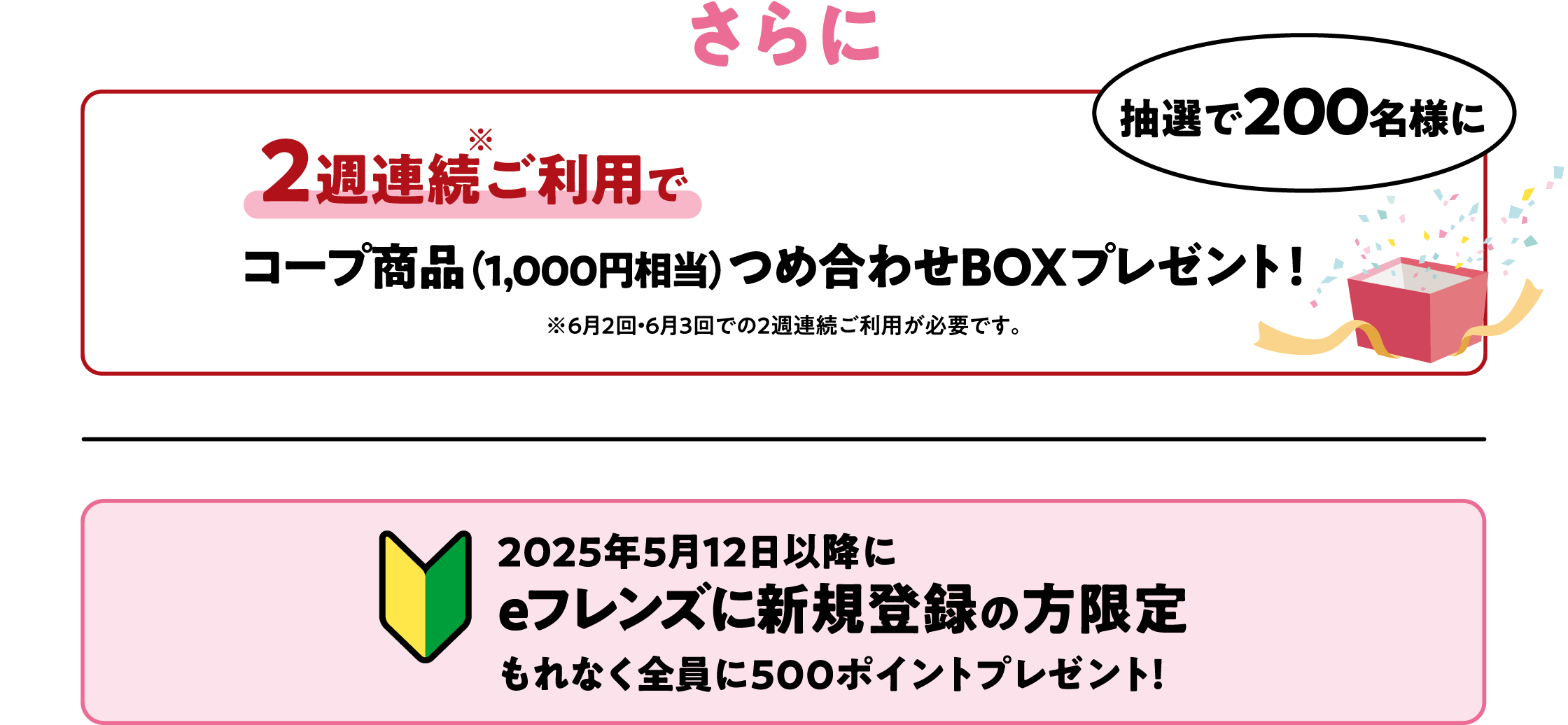 さらに 抽選で200名様に 2週連続※ご利用で コープ商品(1,000円相当)つめ合わせBOXプレゼント! ※6月2回・6月3回での2週連続ご利用が必要です。2025年5月12日以降に eフレンズに新規登録の方限定 もれなく全員に500ポイントプレゼント!