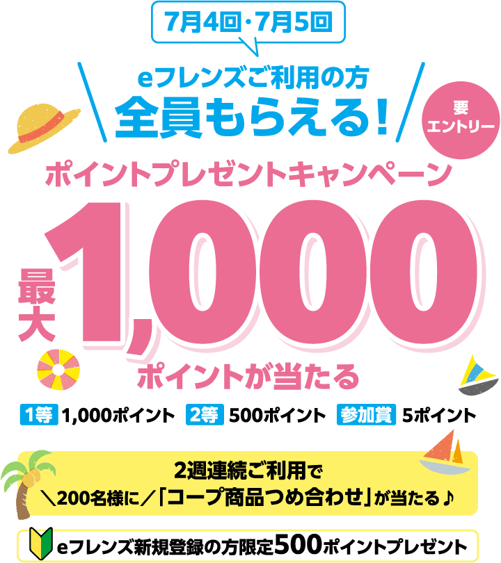 7月4回・7月5回 eフレンズご利用の方全員もらえる！ ポイントプレゼントキャンペーン 最大1,000ポイントが当たる 要エントリー 1等 1,000ポイント 2等 500ポイント 参加賞 5ポイント 2週連続ご利用で＼200名様に／「コープ商品つめ合わせ」が当たる♪ eフレンズ新規登録の方限定500ポイントプレゼント