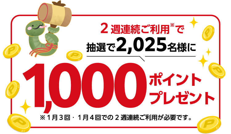 2週連続ご利用※で抽選で2,025名様に1,000ポイントプレゼント※1月3回・1月4回での2週連続ご利用が必要です。