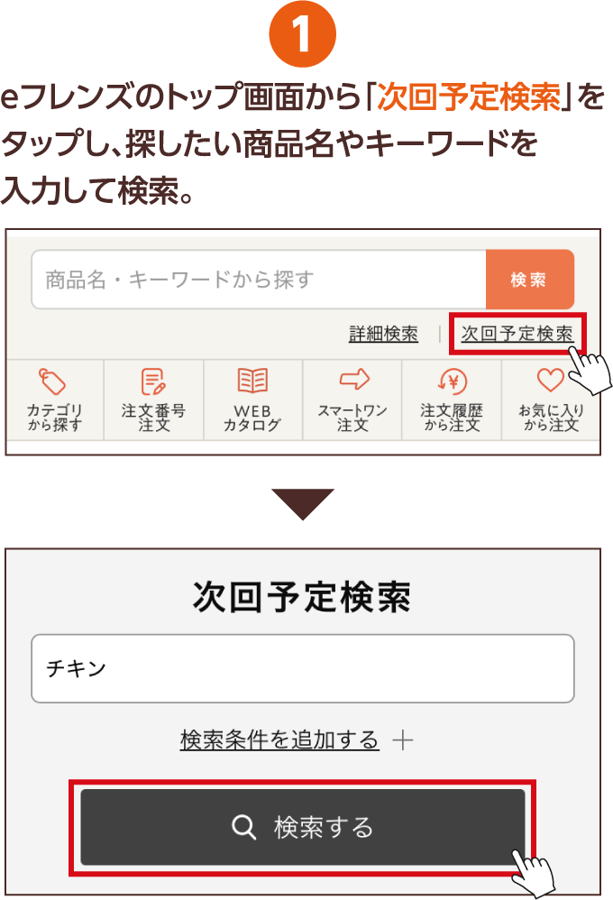 1 eフレンズのトップ画面から「次回予定検索」をクリックし、探したい商品名やキーワードを入力して検索。