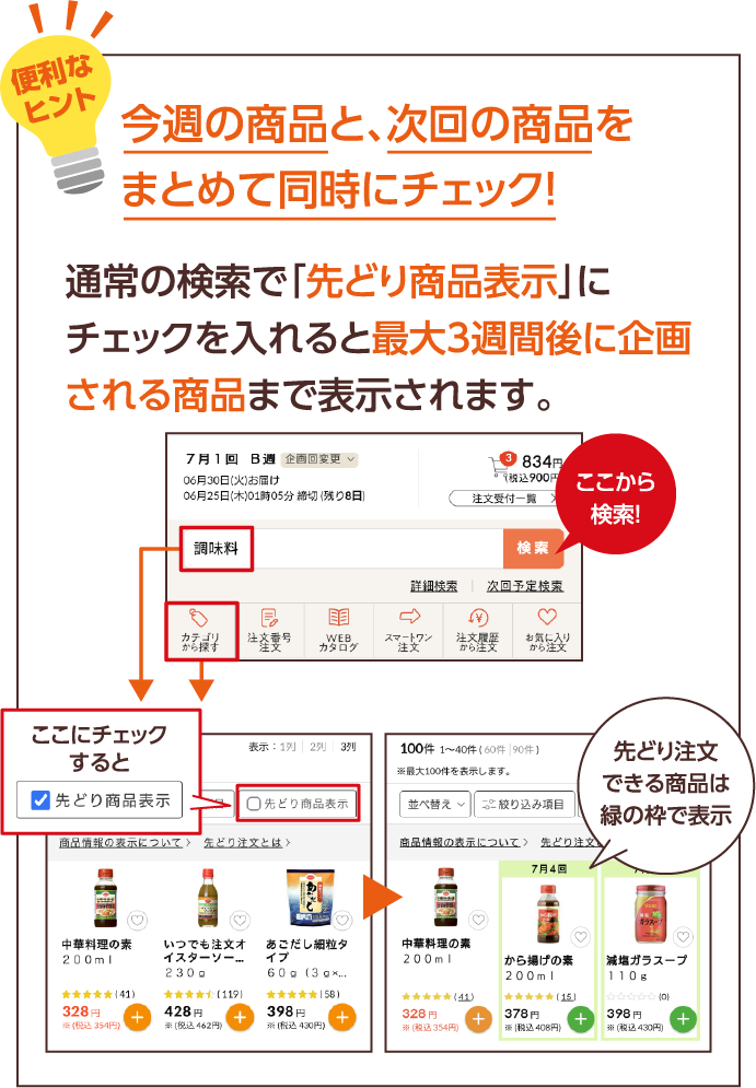 今週の商品と、次回の商品を まとめて同時にチェック!通常の検索で「先どり商品表示」にチェックを入れると最大3週間後に企画される商品まで表示されます。
