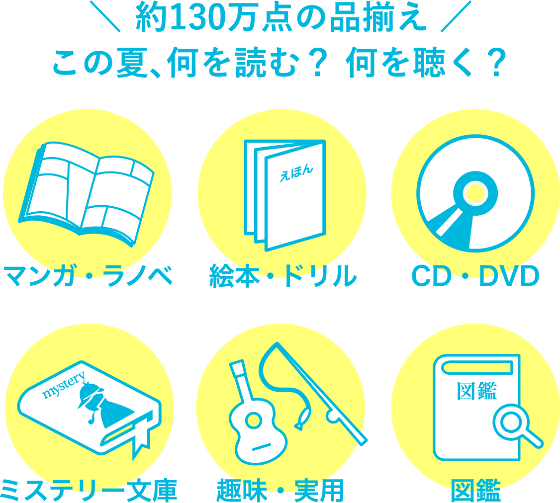 \ 約130万点の品揃え /この夏、何を読む? 何を聴く?マンガ・ラノベ 絵本・ドリル CD・DVD ミステリー文庫 趣味・実用 図鑑