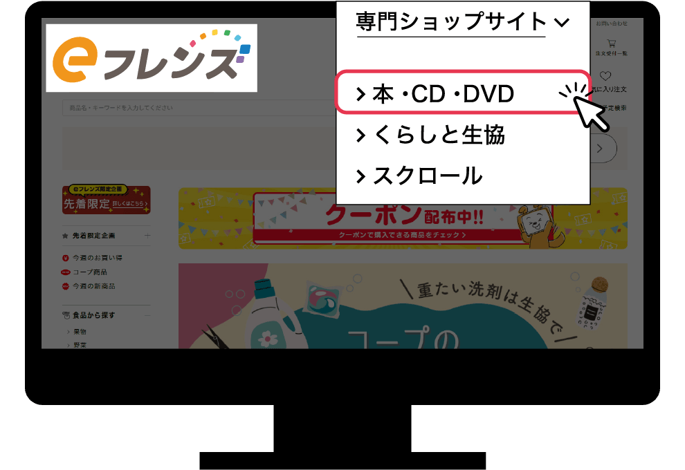 ①メニューよりアクセスメニュー「専門ショップサイト」→「本・CD・DVD」をクリック